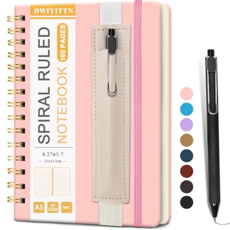 Journal Leather Hardcover - A5 Spiral Notebook w/ Pen, 5.7x8.3