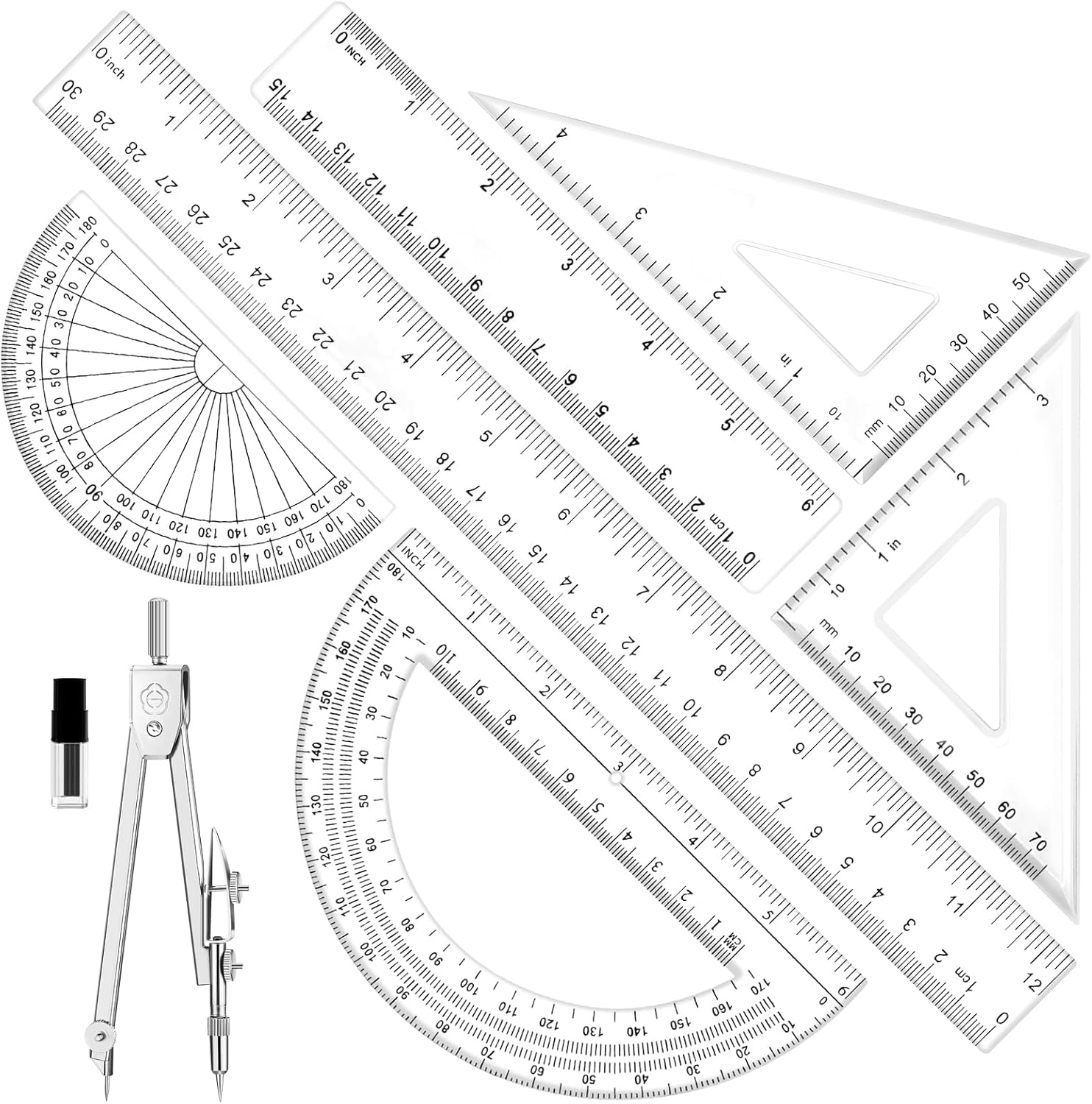 Compass Geometry Set - 7-Piece Geometry Set with Clear Plastic